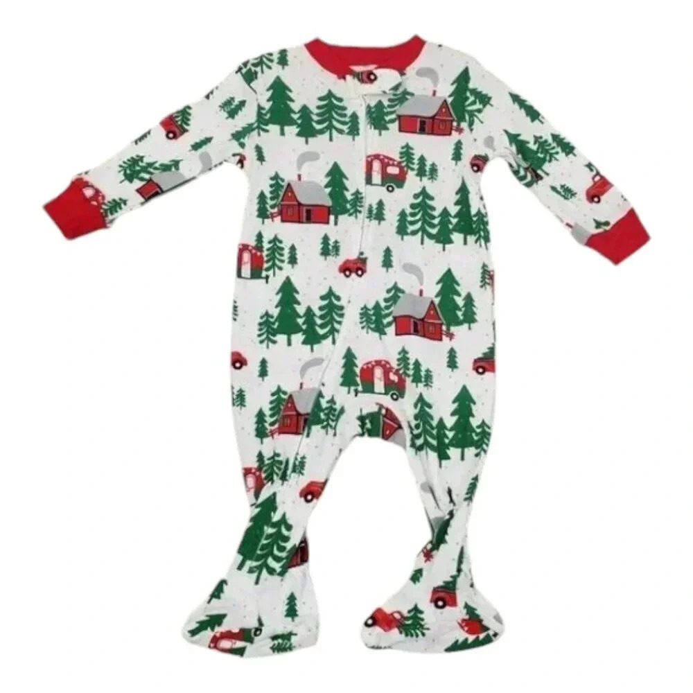 0-3 Month Infant Forest Theme White and Green Footed Christmas Onesies